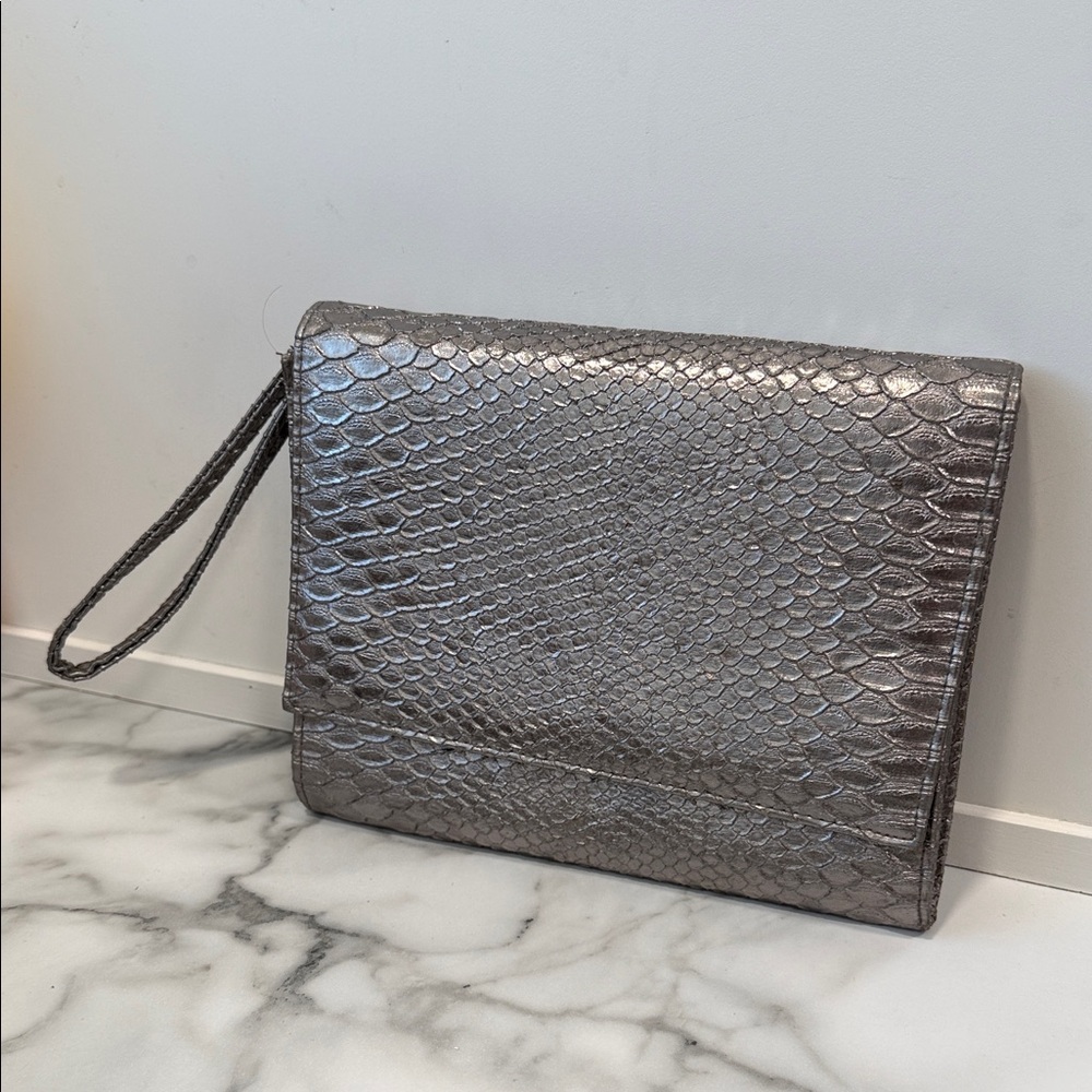 Neiman Marcus silver snakeskin-embossed wristlet